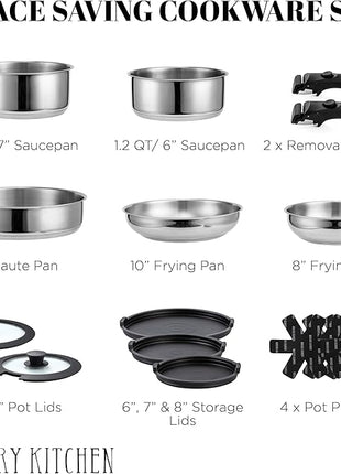 Country Kitchen Cookware Set with Removable Handle, Oven & RV Safe Pots and Pans Set, Stainless Steel, Original