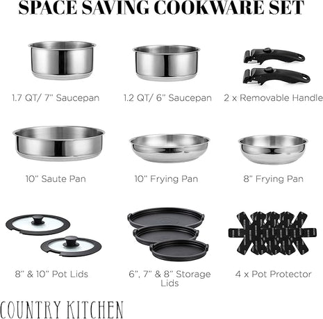 Country Kitchen Cookware Set with Removable Handle, Oven & RV Safe Pots and Pans Set, Stainless Steel, Original