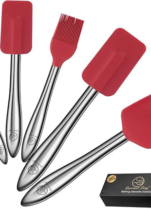 5pcs Silicone Spatula Cooking Utensils Set with Stainless Steel Handles, Premium Heat-Resistant Kitchen Utensils for Baking, Spoonula & Silicone Brush Included, Safe for Nonstick Cookware (Red)