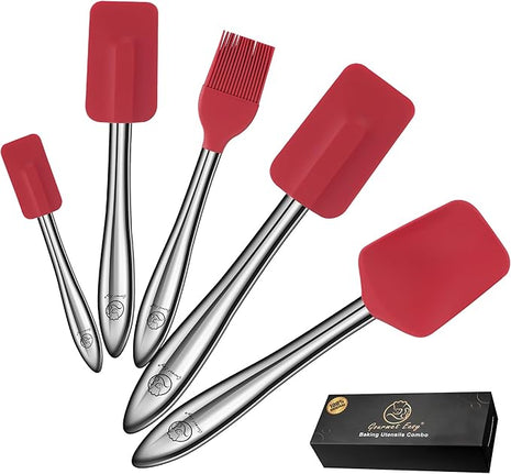 5pcs Silicone Spatula Cooking Utensils Set with Stainless Steel Handles, Premium Heat-Resistant Kitchen Utensils for Baking, Spoonula & Silicone Brush Included, Safe for Nonstick Cookware (Red)