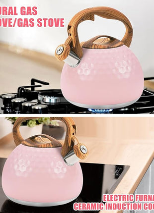 Whistling Tea Kettle,3.2Qt Stainless Steel Stove Kettle, Food Grade Teapot with Wood Pattern Handle for Coffee, Milk etc, Gas Electric Applicable (Pink)