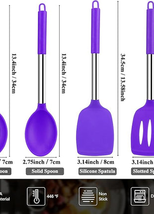 Silicone Spatula Spoon Set, 4 PCS Silicone Cooking Utensils Spatula Spoon Set with Stainless Steel Handle, BPA Free Kitchen Turners for Frying, Mixing, Serving, Draining, Turning, Stirring, Purple