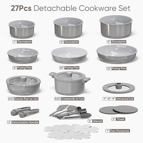 CAROTE 27pcs Ceramic Cookware Set Nonstick, Pots and Pans Set Non stick, Non Toxic Cookware, Dishwasher/Oven Safe, RV/Camping Cookware Set, Pan and Pot with Kitchen Utensils, Dark Gray