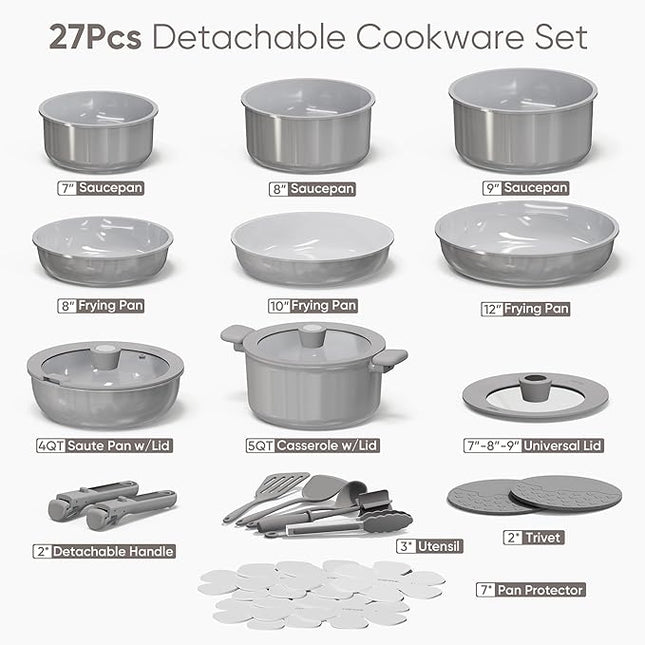 CAROTE 27pcs Ceramic Cookware Set Nonstick, Pots and Pans Set Non stick, Non Toxic Cookware, Dishwasher/Oven Safe, RV/Camping Cookware Set, Pan and Pot with Kitchen Utensils, Dark Gray