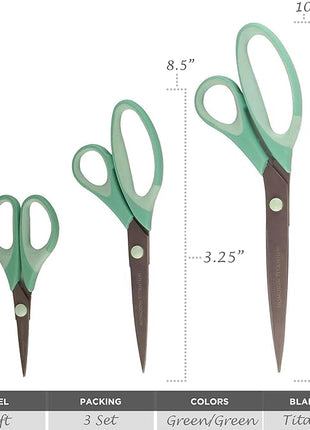 BambooMN Titanium Softgrip Scissors Set for Sewing, Arts, Crafts, Office - 30 Sets of 3 - Mint Green w/Light Inlays
