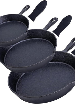 Bruntmor 6, 7.5, 10 Inches Black Pre-Seasoned Cast Iron Frying Pan Set of 3, Oven Safe Cast Iron Skillet, Cast Iron Grill Pan Set, Nonstick Cookware and Bakeware for Casserole Dish