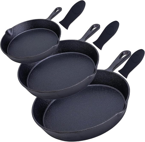 Bruntmor 6, 7.5, 10 Inches Black Pre-Seasoned Cast Iron Frying Pan Set of 3, Oven Safe Cast Iron Skillet, Cast Iron Grill Pan Set, Nonstick Cookware and Bakeware for Casserole Dish