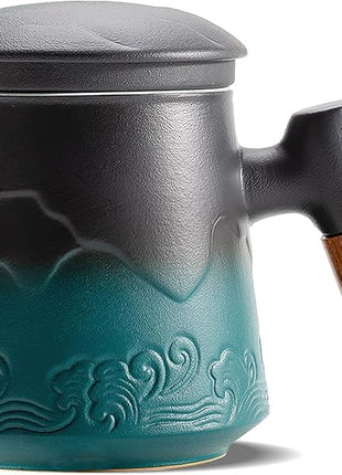 ZENS Tea Cup With Infuser and Lid for Loose Leaf Steeper, 15.2 oz Embossed Ceramic Mug With Fine Strainers, Wood Handle Large Diffusers, Accessories for Tea Lovers Gifts