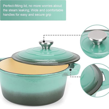 Puricon 5.5 Quart Enameled Cast Iron Dutch Oven with Lid, 5.5 QT Deep Round Dutch Oven Pot with Dual Handles -Teal