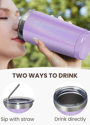 MEWAY 20oz Tumbler 8 Pack Double Wall Vacuum Insulated Travel Glitter Mug Bulk, Stainless Steel Tumblers with Lid and Straw, Powder Coated Coffee Cups for Woman(Rainbow Purple,Set of 8)