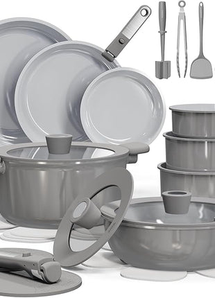 CAROTE 27pcs Ceramic Cookware Set Nonstick, Pots and Pans Set Non stick, Non Toxic Cookware, Dishwasher/Oven Safe, RV/Camping Cookware Set, Pan and Pot with Kitchen Utensils, Dark Gray