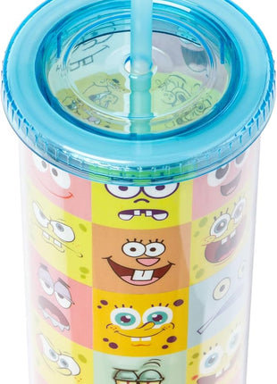 Silver Buffalo Spongebob Squarepants Character Emotions Grid Featuring Patrick Star, Sandy Cheeks, Squidward Tentacles, and Fish Plastic Tall Cold Cup With Lid and Straw, 20 Ounces