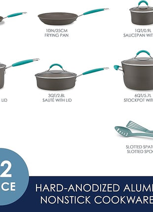 Rachael Ray Cucina Hard Anodized Nonstick Cookware Pots and Pans Set, 12 Piece, Gray with Blue Handles
