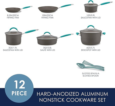 Rachael Ray Cucina Hard Anodized Nonstick Cookware Pots and Pans Set, 12 Piece, Gray with Blue Handles