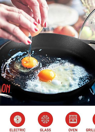 NutriChef 10 Inch Cast Iron Skillet with Lid - Pre-Seasoned Small Fry Pan with Side Drip Spout and Silicone Handle