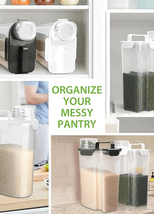 Rice Storage Container, 5 to 10lb Dry Food Airtight Dispenser, Pet Dog Cat Food Canister, BPA Free Clear Plastic Kitchen and Pantry Organization Bin for Oatmeal, Cereal, Pasta, Flour White