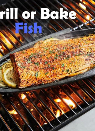 Outset 76376 Fish Cast Iron Grill and Serving Pan Black, 18.9 x 7.28 x 0.98 inches