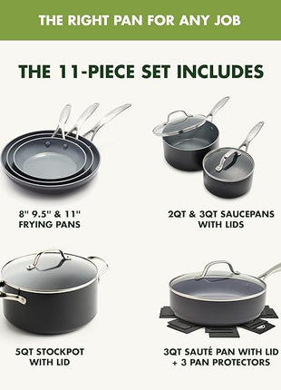 GreenPan Valencia Pro Ceramic Nonstick 11 Piece Cookware Set, Hard Anodized PFAS-Free Pots & Pans, Induction Ready, Compatible on All Cooktops, Dishwasher Safe, Oven Safe to 600F, Gray