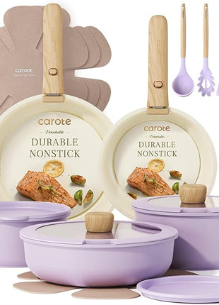 CAROTE Pots and Pans Set Non Stick, Cookware Sets, 19pcs Kitchen Set, Oven/Fridge Safe, Space Saving Pots Set, Nonstick Set with Versatile Removable/Detachable Handle, Induction RV Set, Purple