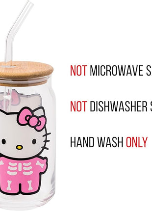 Silver Buffalo Sanrio Hello Kitty Halloween Spooky Skeleton Glass Jar Tumbler with Bamboo Lid and Glass Straw, 16 Ounces