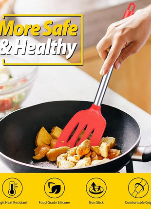 Pack of 2 Silicone Solid Turner, Non Stick Slotted Kitchen Spatulas, High Heat Resistant BPA Free Cooking Utensils, Ideal Cookware for Fish, Eggs, Pancakes(Red)