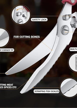 Poultry Shears, Red Heavy Duty Kitchen Shears with Serrated Edge, No Rust Spring Loaded, Multipurpose Stainless Steel Kitchen Scissors for Chicken Meat, Turkey, Fish, Christmas Gifts for Men Women