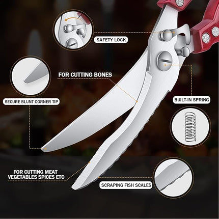 Poultry Shears, Red Heavy Duty Kitchen Shears with Serrated Edge, No Rust Spring Loaded, Multipurpose Stainless Steel Kitchen Scissors for Chicken Meat, Turkey, Fish, Christmas Gifts for Men Women