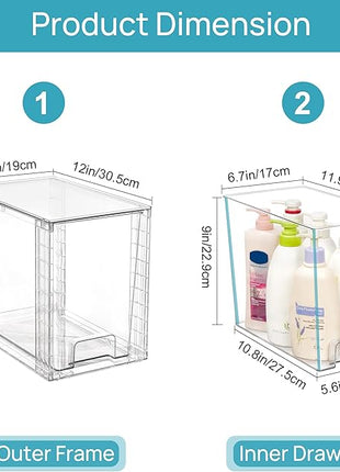 Vtopmart 2 Pack Clear Stackable Storage Drawers,9.7" High Plastic Organizers Bins for Skincare, Bathroom Supplies,Ideal for Cabinet,Undersink,Vanity,Kitchen,Pantry Organization