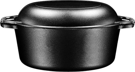 Bruntmor Pre-Seasoned Cast Iron Double Dutch Oven with Skillet Lid - 7 Quart All-in-One Casserole and Braising Pan - Heavy Duty and Oven Safe Black Cookware for Versatile Cooking - 14.7 x 6.9 Inches