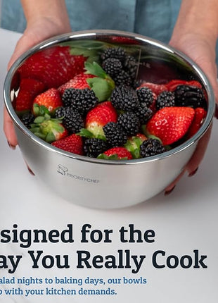 Priority Chef Stainless Steel Mixing Bowls with Lids Set, Metal Nesting Bowls with Airtight Lids, Graters, Non-Slip Base & Measurement Marks, Includes Utensil Set for Prep, Baking & Storage, Blue