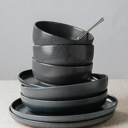 Famiware Milkyway Stoneware Dinnerware Sets with Pasta Bowls, Service for 4 (16 Pieces), Reactive Glaze Plates and Bowls Sets, Microwave and Dishwasher Safe Dishes Set, Matte Dark Charcoal