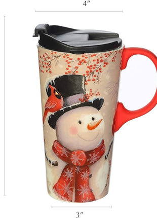 Topadorn Christmas Ceramic Travel Mug Porcelain Coffee Cup with Spill-proof Lid and Gift Box for Holiday,Snowman&Cardinal