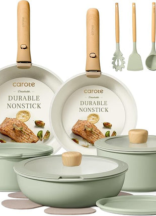 CAROTE Pots and Pans Set, Nonstick Cookware Set Detachable Handle, 19pcs Induction Kitchen Cookware Sets Non Stick with Removable Handle, RV Cookware Set, Oven Safe, Sage Green