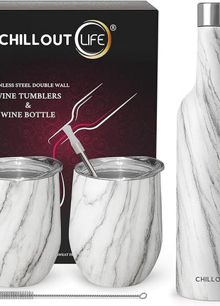 CHILLOUT LIFE 12 oz Stainless Steel Wine Tumblers 2 Pack & 1 Insulated Wine Bottle - Double Wall Vacuum Insulated Wine Glasses Cups with Lids and Straws Set Keeping Cold & Hot Gift Set