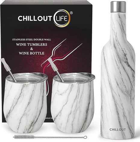 CHILLOUT LIFE 12 oz Stainless Steel Wine Tumblers 2 Pack & 1 Insulated Wine Bottle - Double Wall Vacuum Insulated Wine Glasses Cups with Lids and Straws Set Keeping Cold & Hot Gift Set