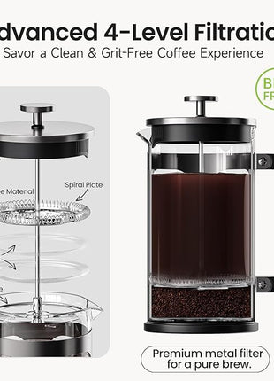 BAYKA 21 Ounce 0.6 Liter French Press Coffee Tea Maker Small, Heat Resistant Thickened Borosilicate Glass Stainless Steel Single Serve Brewer, Cold Brew Cafetera Teapot, Dark Pewter