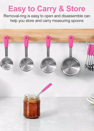 Measuring Cups and Spoons Set Stainless Steel 10 Piece for Cooking and Baking (5 Cups + 5 Spoons, Pink Handle)