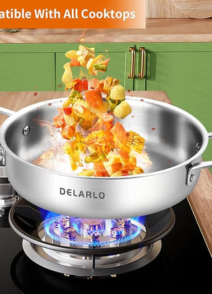 DELARLO Tri-Ply Stainless Steel 10 Inch Frying Pan 3QT Saute Pan With Lid Kitchen Skillets Induction Compatible Chef Cooking Pan Dishwasher & Oven Safe