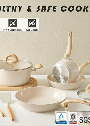 Non Stick Pots and Pans Set, Healthy Ceramic Cookware Set, 12pcs Kitchen Cooking Pots and Frying Sauce Saute Pans Set, PFAS-Free with Kitchen Utensils and Lid, Tan