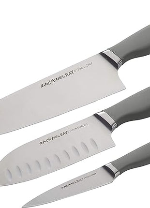 Rachael Ray Cutlery Japanese Stainless Steel Knives Set with Sheaths, 8-Inch Chef Knife, 5-Inch Santoku Knife, and 3.5-Inch Paring Knife, Gray