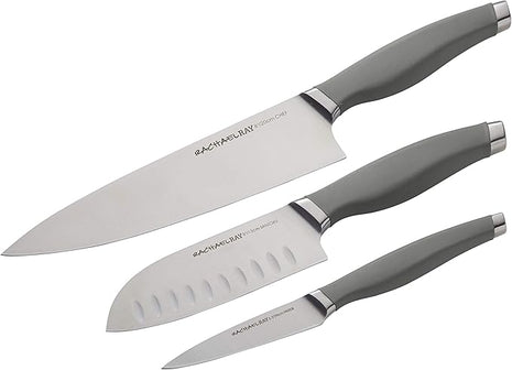 Rachael Ray Cutlery Japanese Stainless Steel Knives Set with Sheaths, 8-Inch Chef Knife, 5-Inch Santoku Knife, and 3.5-Inch Paring Knife, Gray