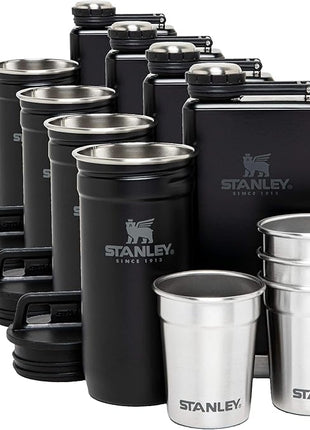 Stanley Adventure Pre-Party Flask & Nesting Shot Glass Set 8 oz Leakproof Hip Flask 4 Shot Glasses in Travel Carrying Case Insulated Stainless Steel Liquor BPA-Free Matte Black(Pack of 4)