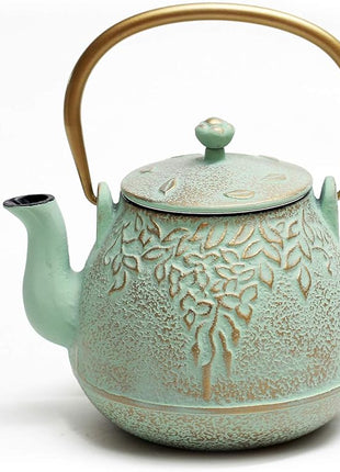 Tea Kettle, TOPTIER Japanese Cast Iron Teapot with Infuser for Loose Leaf and Tea Bags, Stovetop Safe Cast Iron Tea Kettle Coated with Enameled Interior for 40 oz (1200 ml), Light Green