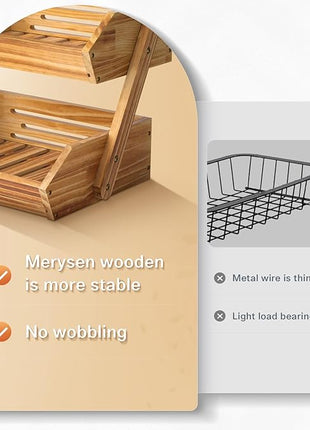 2 Tier Wooden Fruit Basket For Kitchen, Bread Vegetable Fruit Basket Bowl Stand, Farmhouse Fruit Bowl for Countertop, Large