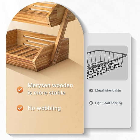 2 Tier Wooden Fruit Basket For Kitchen, Bread Vegetable Fruit Basket Bowl Stand, Farmhouse Fruit Bowl for Countertop, Large