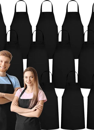 GREEN LIFESTYLE 12 Pack Bib Apron - Unisex Black Aprons, Machine Washable Aprons for Men and Women, Kitchen Cooking BBQ Bulk (Pack of 12, No Pockets, Black)