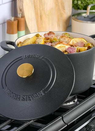 MARTHA STEWART Gatwick 7 QT Enamel Cast Iron Dutch Oven Pot with Lid, Matte Black