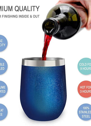 CHILLOUT LIFE 12 oz Stainless Steel Wine Tumbler with Lid - Double Wall Vacuum Insulated Wine Cup Glass Keeping Cold & Hot for Coffee, Champagne, Cocktails, Ice Cream - Blue Sparkle