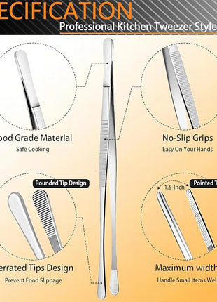 JETKONG 6 Pcs Cooking Tweezer Tongs, 12'' and 6.3" Stainless Steel Kitchen Tweezer Set, Professional Chef Tweezers for Cooking, Repairing, Sea Food, BBQ, Multi-use
