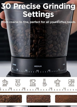 Burr Coffee Grinder, Electric Conical Coffee Bean Grinder With 30 Adjustable Grind Settings For 2-12 Cups, Sliver & Black